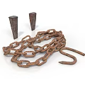 Rusty Metal Chain With Two Conical Stakes Coiled On White Surface