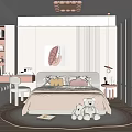 Cozy Kids Room Interior With Soft Bed Teddy Bears Round Carpet Desk And Leaf Painting