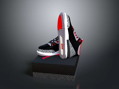 Stylish High Top Sneakers In Black White Red With Patterned Sole On Textured Display Stand 3d model