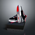 Stylish High Top Sneakers In Black White Red With Patterned Sole On Textured Display Stand
