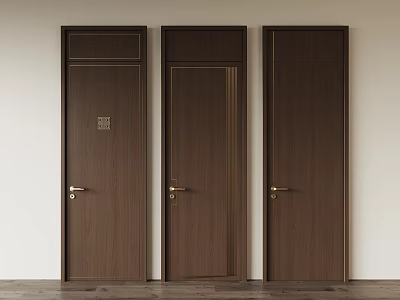 Dark Brown Hinged Doors With Woodgrain And Golden Handles Against White Walls And Wooden Floors 3d model
