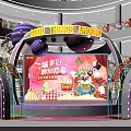 Pink Themed Stage In Shopping Mall With Cartoon Elements Balloons And Large Screen