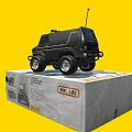 Electric Toy Remote Control Car Black with Antenna Big Wheels on Packaging Box Yellow Background