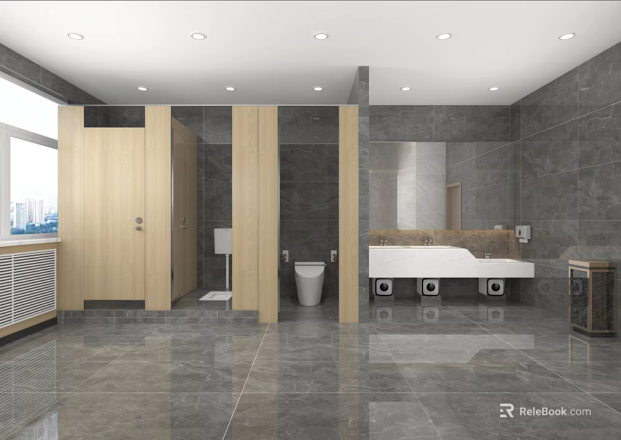 Modern Public Toilet Interior With Wooden Cubicles Gray Walls And Tile Floor 3d model 