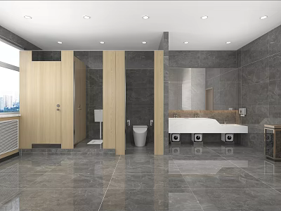Modern Public Toilet Interior With Wooden Cubicles Gray Walls And Tile Floor 3d model