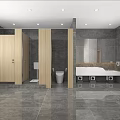 Modern Public Toilet Interior With Wooden Cubicles Gray Walls And Tile Floor
