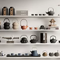 Traditional Tea Set Collection With Various Teapots Cups And Decorative Ornaments On Shelves 3d model