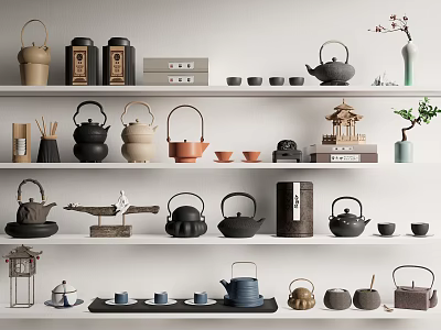 Traditional Tea Set Collection With Various Teapots Cups And Decorative Ornaments On Shelves 3d model