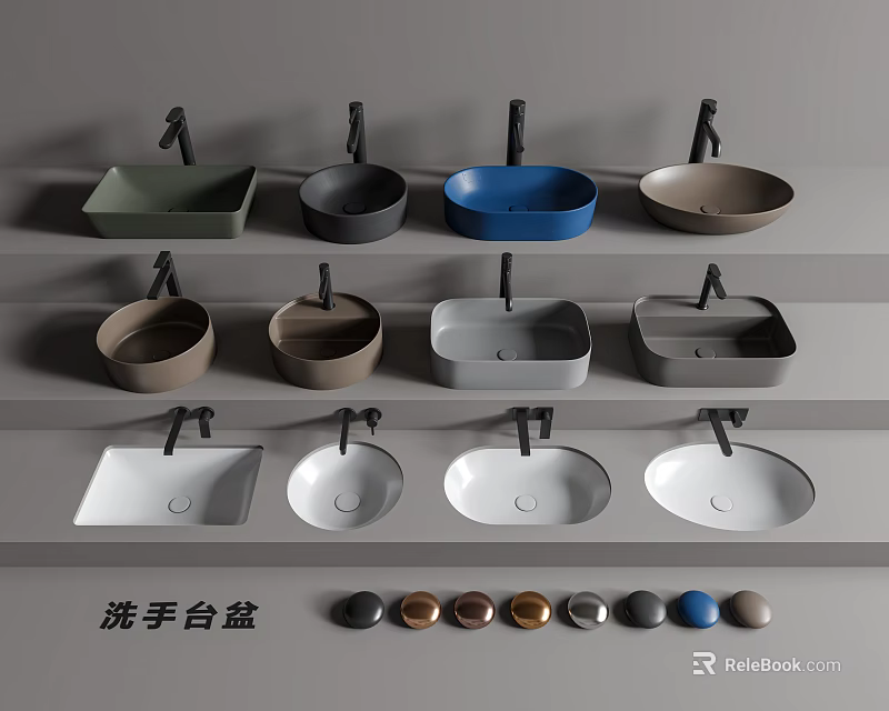 Assorted Colorful Bathroom Washbasins in Various Shapes and Designs with Faucet Accessories 3d model 