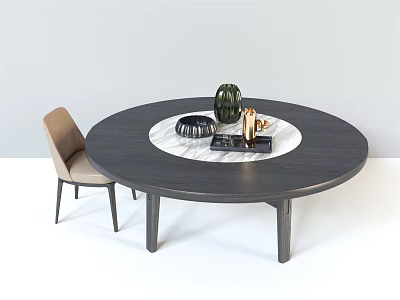 Round Dark Wood Dining Table Set With Beige Chair And Marble Inlay Center Decorative Vase 3d model
