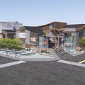 Scenic Commercial Street With Modern Buildings Greenery Waterfront Pedestrian Walkways And Outdoor Seating