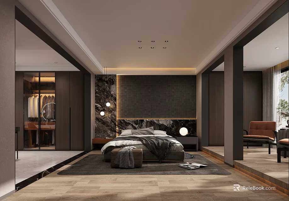 Bedroom Interior With Dark Textured Accent Wall Walk-in Closet Area Rug And Recessed Lights 3d model 
