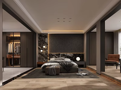 Bedroom Interior With Dark Textured Accent Wall Walk-in Closet Area Rug And Recessed Lights 3d model