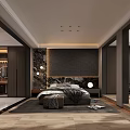 Bedroom Interior With Dark Textured Accent Wall Walk-in Closet Area Rug And Recessed Lights