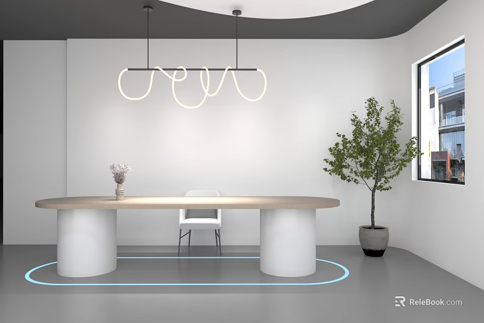 Live Stream Room With Round Table White Pillars Modern Chandelier Green Plant And Blue Light Ring Floor 3d model 