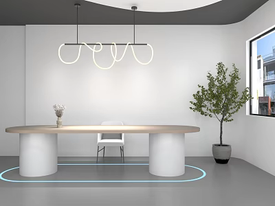 Live Stream Room With Round Table White Pillars Modern Chandelier Green Plant And Blue Light Ring Floor 3d model