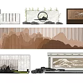 Chinese Landscape Wall Design With Wooden Mountain Pattern Stone Base And Plant Decor