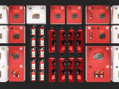 Red Fire Safety Equipment Collection Including Extinguishers And Hydrant Cabinets 3d model