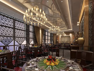 Elegant Chinese Restaurant Interior With Carved Windows Chandeliers Round Dining Tables And Floral Centerpieces 3d model