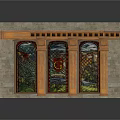 Architectural Facade With Stained Glass Windows Stone Columns Brick Wall And Wooden Trim
