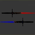 Two Decorative Illuminated Swords with Blue Red Light and Ornate Handle Designs