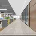 Modern Office Hallway Interior Design With Glass Partitions Ceiling Lights And Green Plants