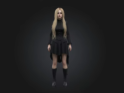 Blonde Haired Female Figure In Black Dress And Boots On Black Background 3d model