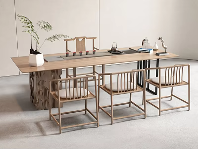 Natural Solid Wood Tea Table and Chairs with Simple Design and Potted Plant Decor 3d model