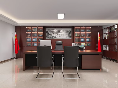 Elegant Office Interior with Dark Wooden Bookshelves Red Flags Landscape Painting Desk and Black Chairs 3d model
