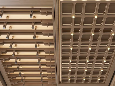 Modern Wooden Grid Ceiling Design With Recessed Lighting And Layered Structure 3d model