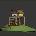 Whimsical Treehouse Scene With Wooden Staircase Elevated Platform Small Huts And Branch Supports