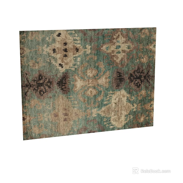 Square Rug with Vintage Traditional Pattern in Green Beige and Brown Tones 3d model 