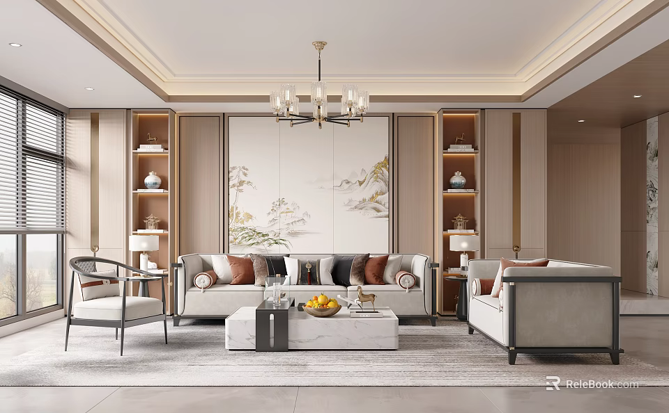 Elegant Traditional Chinese Living Room With Chandelier Sofa Coffee Table Wall Art And Display Shelves 3d model 