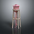 Pink Roofed Water Tower Structure With Wooden Supporting Pillars And Red Ladder