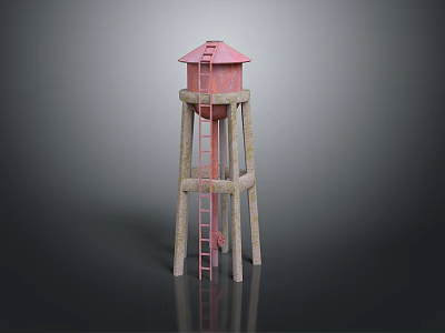 Pink Roofed Water Tower Structure With Wooden Supporting Pillars And Red Ladder 3d model