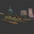 Vintage Wooden Boat Display With Smaller Boat Oars Old Chairs And Bird Statue