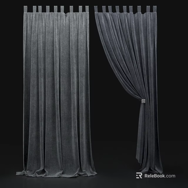 Modern Gray Velvet Curtains With Flowing Drapes And Elegant Tieback Style 3d model 