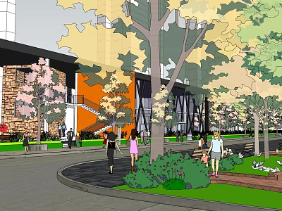 Modern Urban Outdoor Plaza With Trees Pedestrians Green Space And Benches 3d model