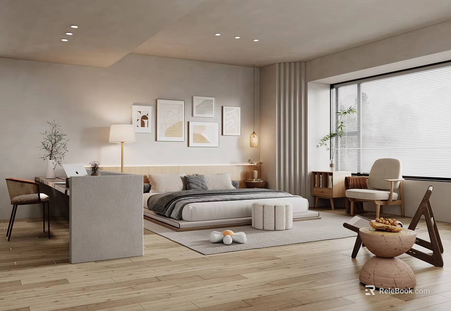 Modern Bedroom Interior Design With Bed Framed Artworks Bedside Lamp Window Rug And Wooden Flooring 3d model 