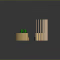 Wooden Curved Public Seating With Vertical Slats And Green Plants