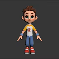 3D Cartoon Child Character Standing In Yellow White Shirt Blue Pants And Red Shoes