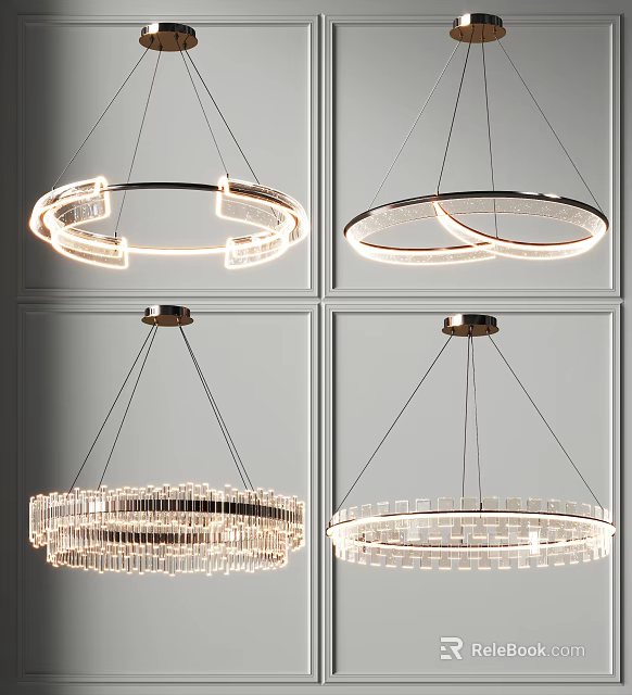 Modern Circular Hanging Chandeliers With Crystal Accents And Metal Frames Illuminated 3d model 