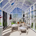 Transparent Glass Villa Balcony With White Frame Skylights Green Lawn And Red Flowers