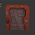 Futuristic Red Metallic Door With Control Panel Gear And Vents Design