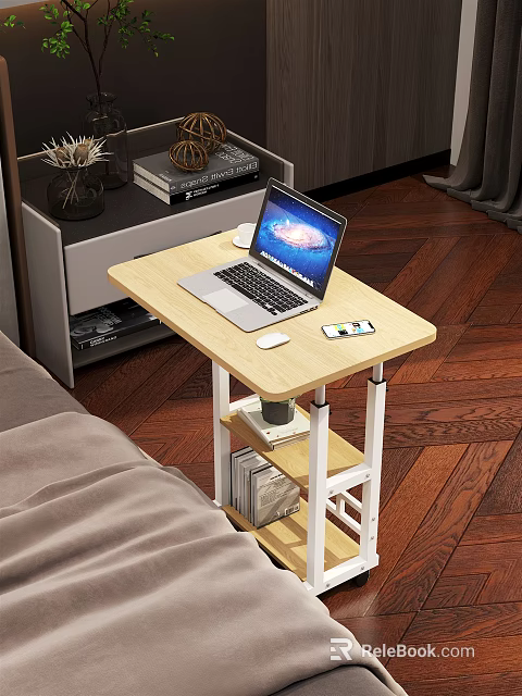 Modern Multi Tier Desk With Laptop Mouse Mobile Phone And Bookshelf In Living Room 3d model 