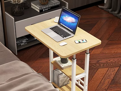 Modern Multi Tier Desk With Laptop Mouse Mobile Phone And Bookshelf In Living Room 3d model
