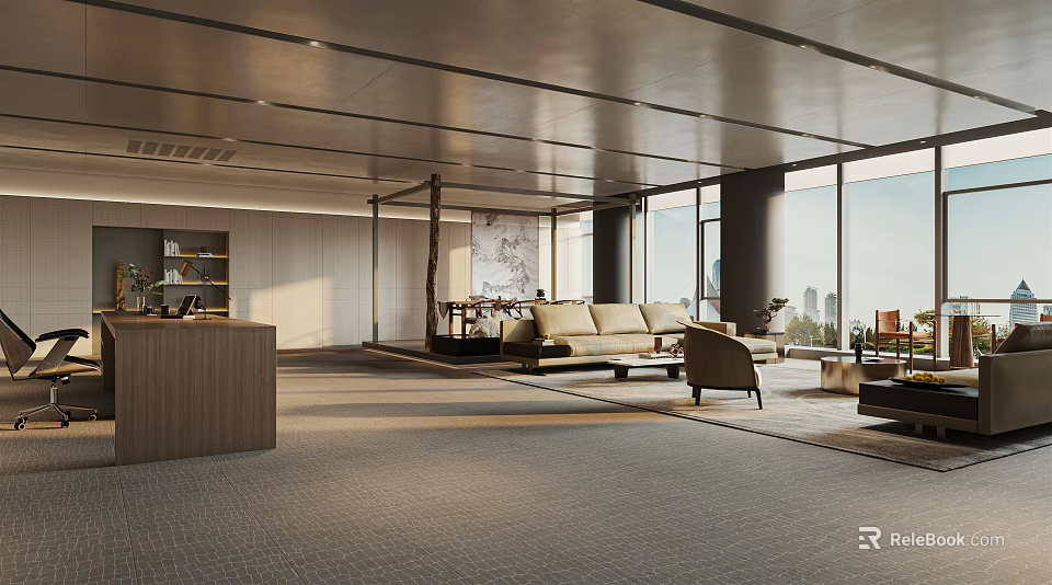 Modern Office Interior Design With Open Space Large Windows Sofa And Wooden Desk 3d model 