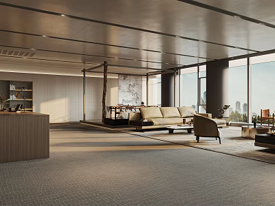 Modern Office Interior Design With Open Space Large Windows Sofa And Wooden Desk 3d model
