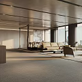 Modern Office Interior Design With Open Space Large Windows Sofa And Wooden Desk