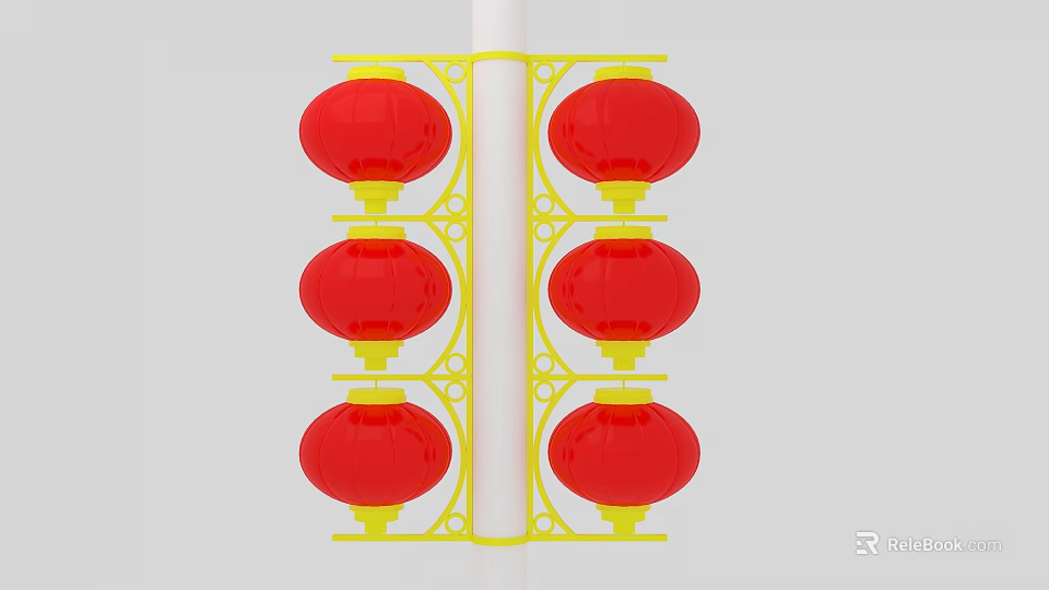 Six Red Lanterns With Yellow Frame In Double Sided Vertical Decorative Arrangement 3d model 